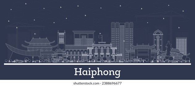 Esbozo del horizonte de la ciudad de Haiphong Vietnam con edificios blancos. Ilustración vectorial. Concepto de viajes de negocios y turismo con arquitectura histórica. Paisaje urbano de Haiphong con puntos de referencia.