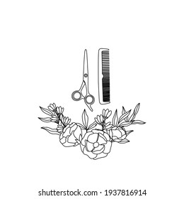 The outline of the hairdressing scissors, the comb and the flower, the logo in a minimalist and vintage style. Vector illustration for interior design, flyer, business card and poster.