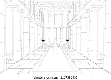 Outline of the hall with architectural columns and a sculpture of a woman from black lines isolated on a white background. Vector illustration