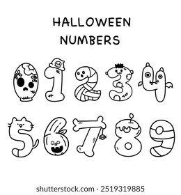 Outline Halloween Number one to ten. Series: Groovy Retro cartoon kawaii (trick or treaters) drawing Kids party holiday festival. Perfect makes a wish for background and shirt design.
