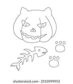 Outline of Halloween pumpkin in the shape of a cat's head, a fish skeleton and cat footprints. Set of Halloween items. Vector illustration on a white background