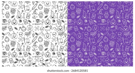 Conjunto de patrones sin fisuras de Halloween. Bola mágica de la linterna de la calabaza Jack de la brujería, cráneo místico, tarot, cristal mágico, setas. Línea aislada dibujo a mano. Ilustración vectorial. No es IA