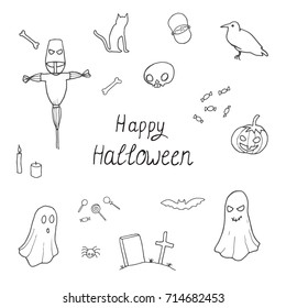 Outline halloween set pattern design with skull, pumpkin, candy, crow, coffin, broom and cat