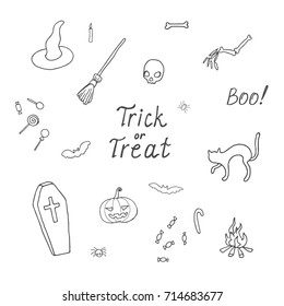 Outline halloween set pattern design with skull, pumpkin, candy, ghost, raven, grave, scarecrow and cat