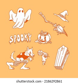 Outline halloween vector illustration set on isolated background. Spooky symbols for invitation or gift card, notebook, scrapbook. Phone case or cloth print art. Doodle style.
