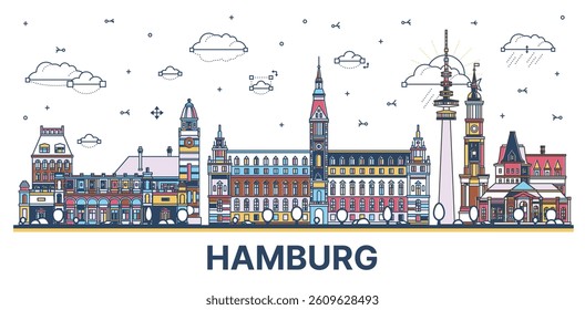 Outline Hamburg Germany city skyline with colored modern and historic buildings isolated on white. Vector illustration. Hamburg cityscape with landmarks.