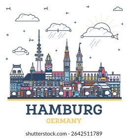 Outline Hamburg Germany city skyline with colored modern and historic buildings isolated on white. Vector illustration. Hamburg cityscape with landmarks.