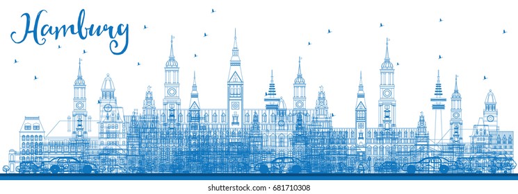 Outline Hamburg Skyline with Blue Buildings. Vector Illustration. Business Travel and Tourism Concept with Historic Architecture. Image for Presentation Banner Placard and Web Site.