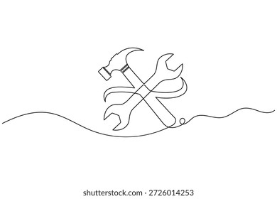 Martillo de contorno, llave y destornillador, Ilustración vectorial minimalista de una línea continua