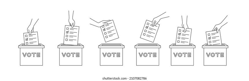 Outline Hand With The Ballot Paper Throws The Sheet Into The Voting Box Line Style Vector Illustration