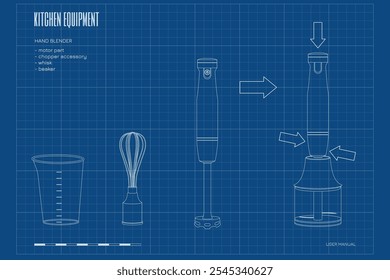 Contorno do liquidificador de mão com equipamento. Ferramentas elétricas de cozinha. Moderno doméstico misturador manual do usuário. Plano de contorno do equipamento do chef. Ilustração vetorial