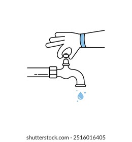 mão de contorno fecha a torneira de água. design de tubo de arte gráfica estilo simples linear isolado no branco. uso eficiente de recursos para conservá-los e fácil consciente