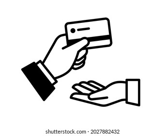 Outline hand and credit card icon. Investments and loans. To lend. The need for money. Vector. The image is isolated on a white background.