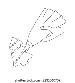 Handlinie schmückt ein Lebkuchen in Form eines Weihnachtsbaumes mit Eis. Vektorgrafik auf weißem Hintergrund