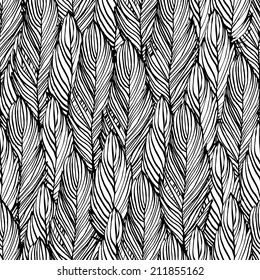 Outline hand draw feather seamless pattern, black and white colored design background