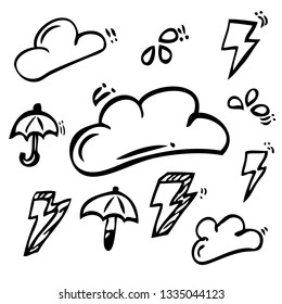 Outline Hand Draw Skecth, Cloud, Storm, Water Drop and Umbrella
