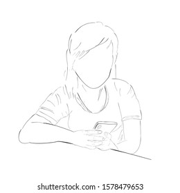Outline Hand Draw Sketch Vector, Relax Sitting Long Hair Woman typing something at her smartphone
