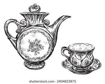 Outline hand drawing of ceramic tea pot with tea cup on saucer isolated on white