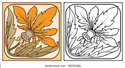 Outline hand drawing coloring page for the adult coloring book with decorative elements in the style of ceramic tiles in art nouveau style. With colored sample. Stock vector illustration.