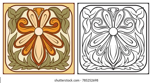 Outline hand drawing coloring page for the adult coloring book with decorative elements in the style of ceramic tiles in art nouveau style. With colored sample. Stock vector illustration.