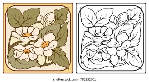 Outline hand drawing coloring page for the adult coloring book with decorative elements in the style of ceramic tiles in art nouveau style. With colored sample. Stock vector illustration.