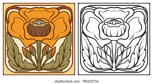 Outline hand drawing coloring page for the adult coloring book with decorative elements in the style of ceramic tiles in art nouveau style. With colored sample. Stock vector illustration.