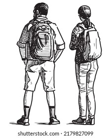 Outline hand drawing of couple tourists standing outdoors and looking 
