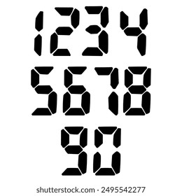 Outline hand drawing of digital numbers. Set of digital display digits. Black numbers, numerals. Scoreboard, clock, stopwatch, calculator, electronic meter. Seven segment. Vector doodle illustration