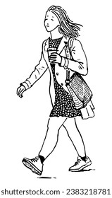 Outline hand drawing of modern city girl with coffee cup walking outdoors