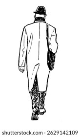 Desenho de mão de contorno de um homem respeitável em casaco e chapéu andando ao ar livre, vista traseira, esboço realista, ilustração vetorial isolado no branco