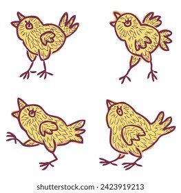Outline hand drawing of profile four cartoon domestic little yellow chicks baby animals vector illustration isolated on white