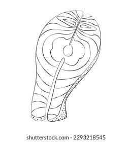 Outline hand drawing of salmon steak in cartoon style. Seafood. Eating Healthy Day. Isolate. EPS