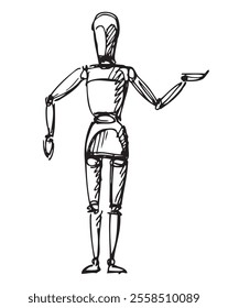 Outline hand drawing of standing human figure, wooden doll, mannequin, sketch, vector illustration isolated on white