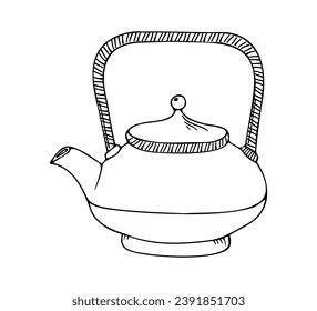 Outline hand drawing tea pot. Teapot doodle illustration. Tea ceremony vector design elements