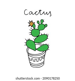 The Outline hand drawing vector illustration of a green decorative cactus Prickly pear plant in a pot isolated on a white background with spelling Cactus