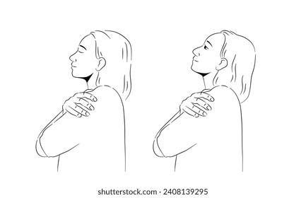 Outline hand drawing of a woman smiling and hugging self in self-love concept.