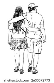 Outline hand drawing of young embracing couple citizens walking on summer day, back view, realistic sketch, vector illustration isolated on white
