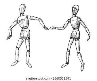 Outline hand drawings of dancing human mannequins pair, wooden doll, dummy, sketch, vector illustration 