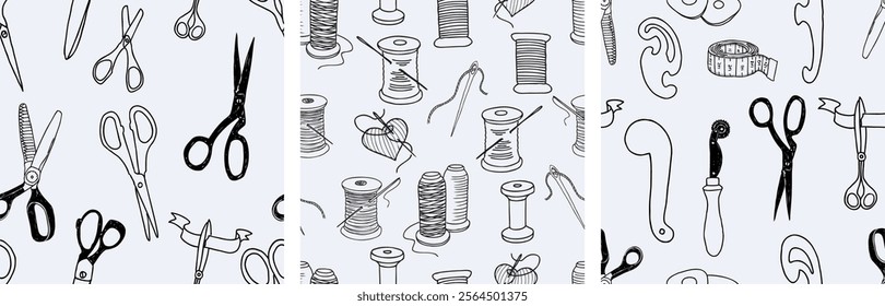 Outline hand drawings of sewing tools set, seamless patterns of scissors, threads spools and needles, background, paper, wallpaper, vector illustration