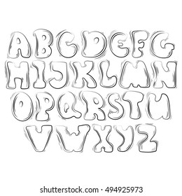Outline hand drawn alphabet on white background. Bubble font. Cartoon elements.