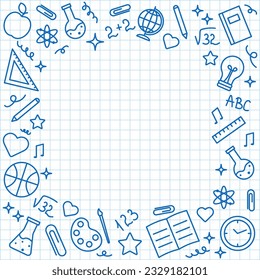 Outline hand drawn back to school background, wallpaper. Elements for educational learning decoration in on notebook sheet background. Vector flat illustration