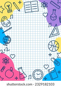 Outline hand drawn back to school background, wallpaper. Elements for educational learning decoration in on notebook sheet background. Vector flat illustration