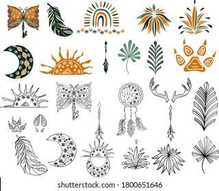 Outline hand drawn bohemian clipart for print with  moon, sun, dream catcher, rainbow. Boho chic of free spirit design with feather, arrow.  Silhouette set of ethnic elements, indian object, symbol 