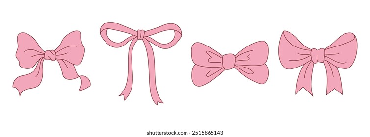 Outline Hand Drawn Bow Coquette Vector Illustration in Vintage and Retro Style