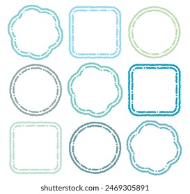 Out-line hand drawn cartoon style blue color chat box set. Doodle crayon drawing speech bubble sticker. Cute comics dialog quote frame for text. Variety shape of speak blank. Message dotted line.
