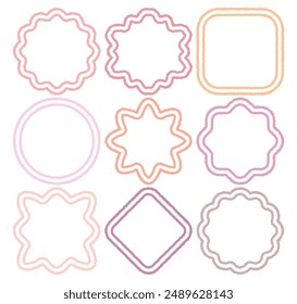 Out-line hand drawn cartoon style pink color chat box set. Doodle crayon drawing speech bubble sticker. Cute comics dialog quote frame for text. Variety shape of speak blank. Message dotted line.