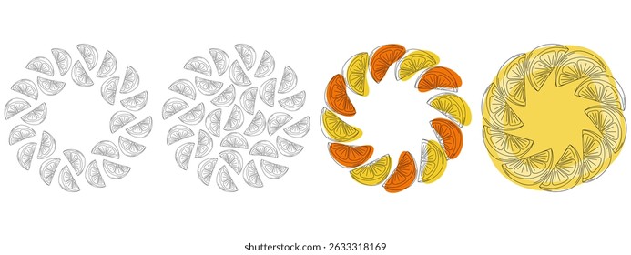 Outline Hand Drawn Citrus slices and Colorful spots Circle Frame Border and Round Background Bundle