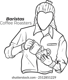 Outline hand drawn coffee barista or bartender man wearing apron standing whipped milk into the coffee mug.