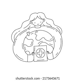 Outline hand drawn concept for world humanitarian day with character who hold a big earth in her hands. Black and white illustration in doodle style.