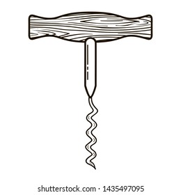 Outline hand drawn corkscrew icon with wooden texture isolated on the white background